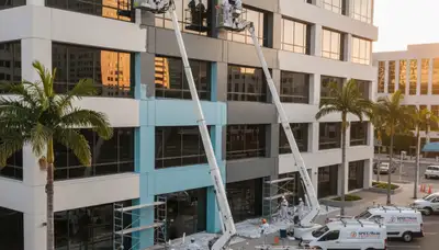 Professional commercial painters working on an office exterior in Providence, RI