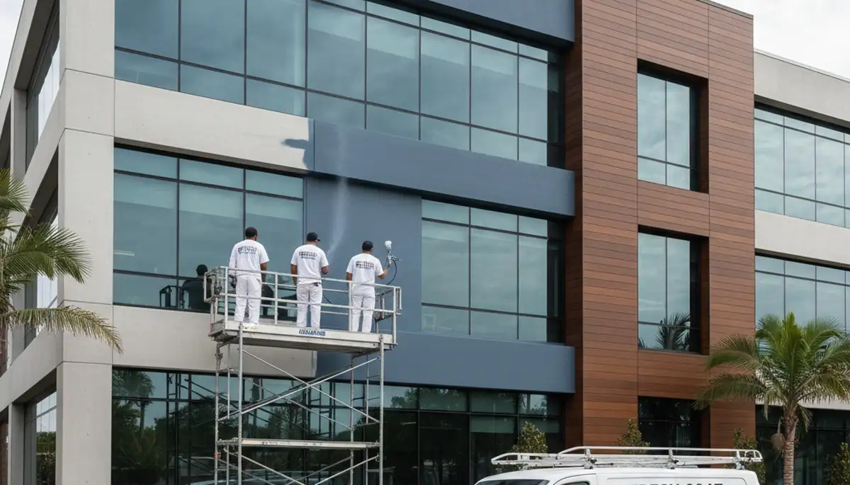 Professional commercial painters working on an office building in Providence, RI