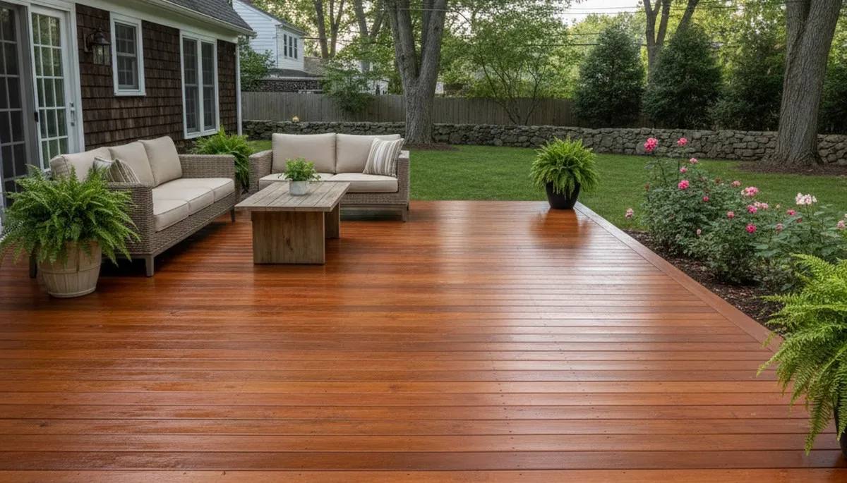 Finished deck staining in Providence RI highlighting rich wood tones and weatherproof professional finish