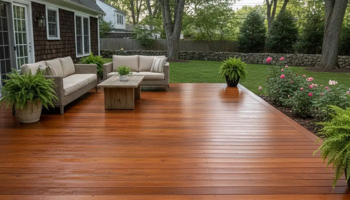 Finished deck staining in Providence RI highlighting rich wood tones and weatherproof professional finish