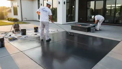Professional concrete staining on residential garage floor in Providence RI by local painting experts