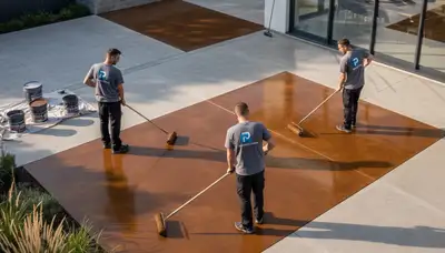Professional concrete staining on garage floor in Providence RI by local house painting experts