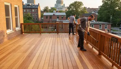 Professional deck staining in Providence RI enhancing wood color and protection against coastal weather