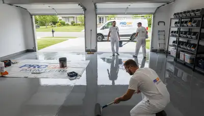 Epoxy garage floor coating in Providence RI with durable, glossy finish applied by local painting experts