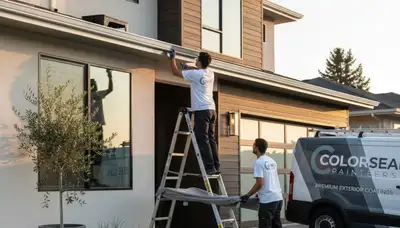 Professional gutter painting on residential home exterior in Providence, RI by expert house painters